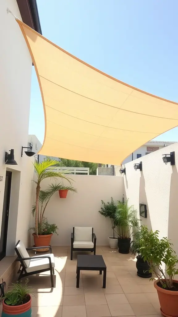 15 Charming Small Outdoor Patio Ideas for a Cozy Retreat 12 A small outdoor patio with a shade sail overhead, featuring chairs and potted plants.