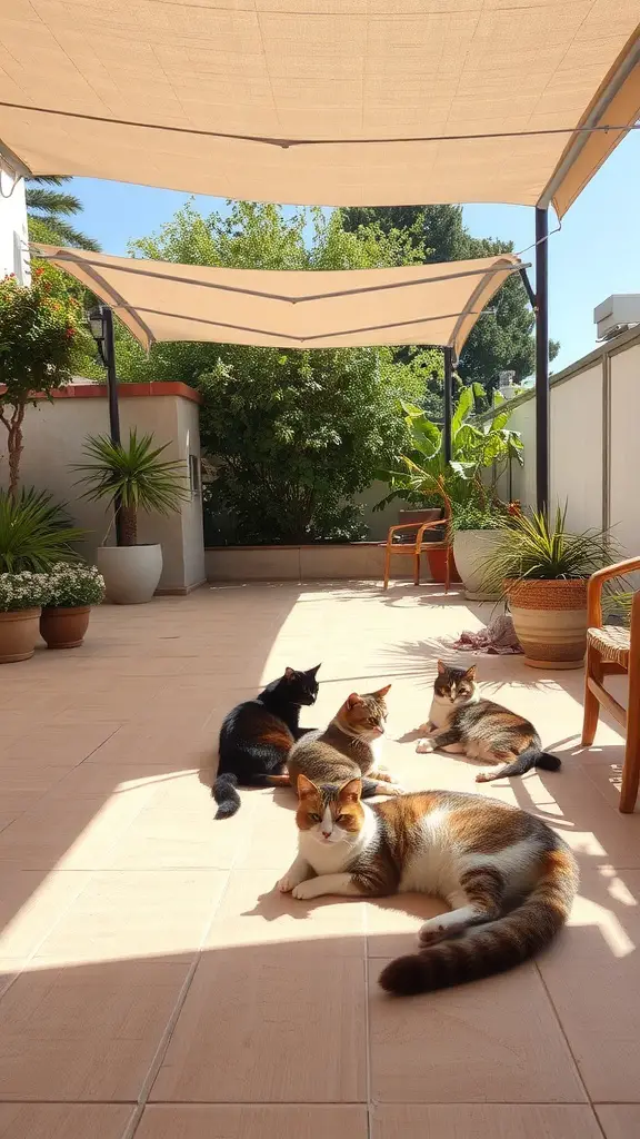 21 Creative Cat Friendly Patio Ideas for the Purrfect Outdoor Space 15 A sunny patio with four cats lounging under a shade structure.