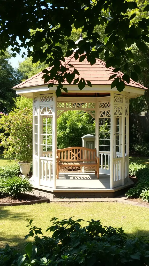 A white gazebo with a wooden bench surrounded by greenery in a Japanese garden.