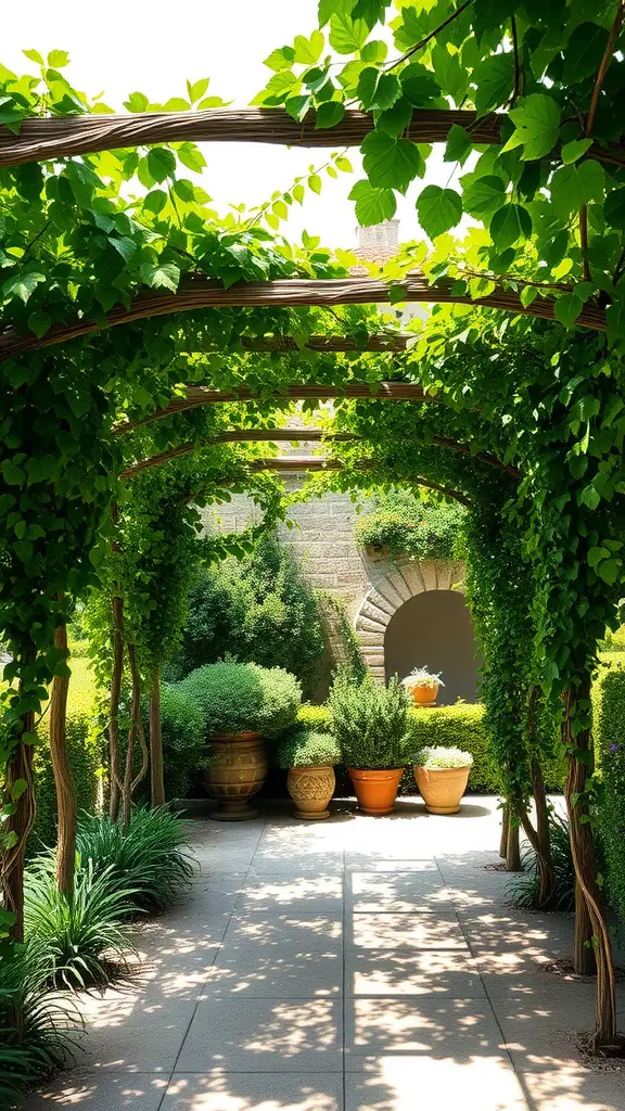 19 Stunning Mediterranean Garden Ideas You’ll Love 15 A shaded pergola covered in green vines with potted plants around it.