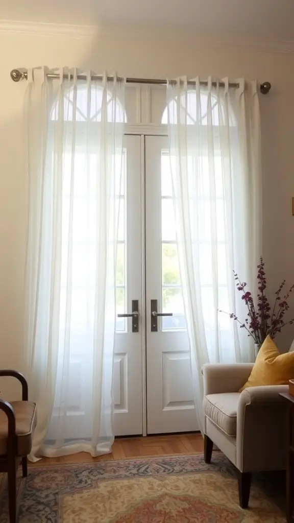 21 Creative French Door Privacy Ideas for Your Home 10 A cozy room with sheer curtains framing French doors, allowing soft light to enter.