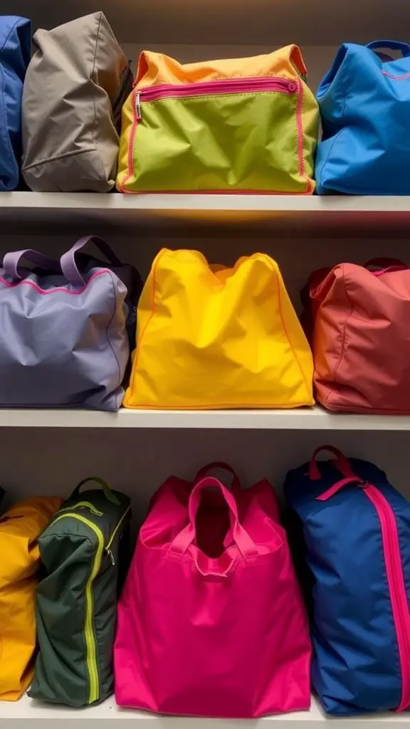 Colorful shoe bags arranged on a shelf