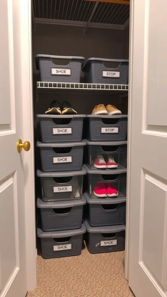 Organized shoe bins stacked in a closet with labels for easy identification.