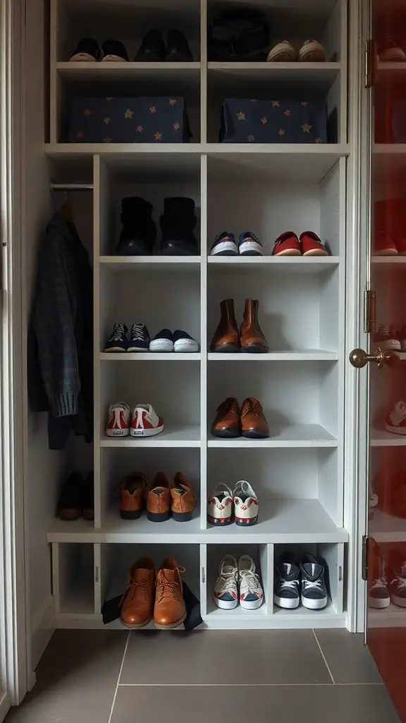 A shoe cubby system displaying various pairs of shoes organized neatly in a storage unit.