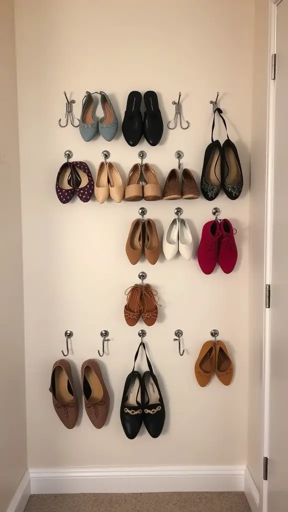 A wall-mounted shoe storage solution with various pairs of shoes displayed on hooks.