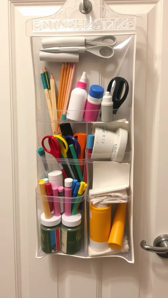 Hanging shoe organizer filled with various craft supplies like scissors, markers, and glue bottles.