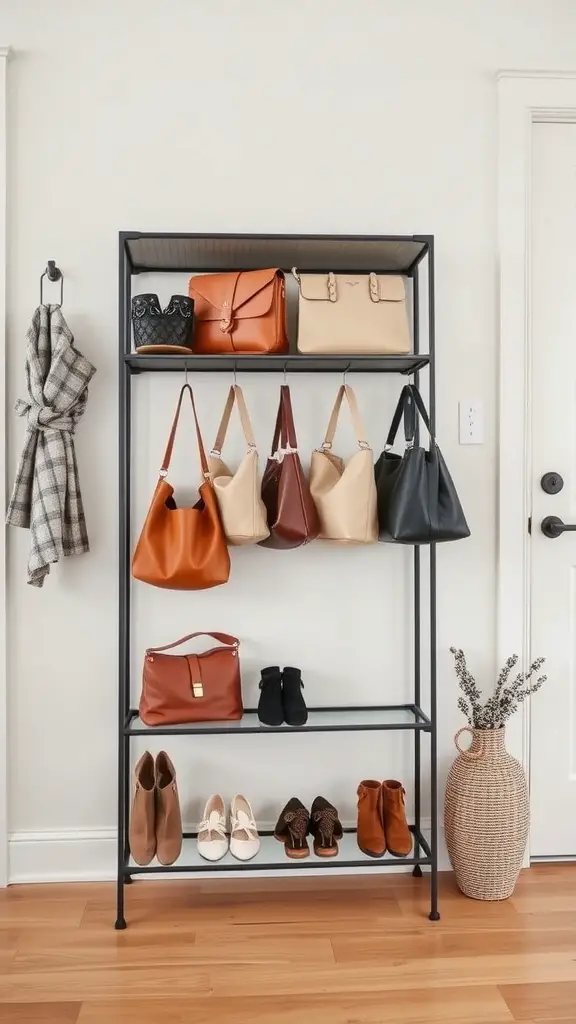 A black metal shoe rack converted to store various handbags and shoes.