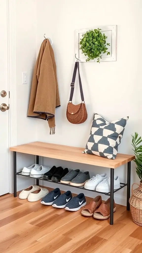 21+Creative DIY Shoe Rack Ideas to Organize Your Space 6 A stylish shoe rack with bench seating, featuring a wooden top, metal frame, and neatly arranged shoes underneath.