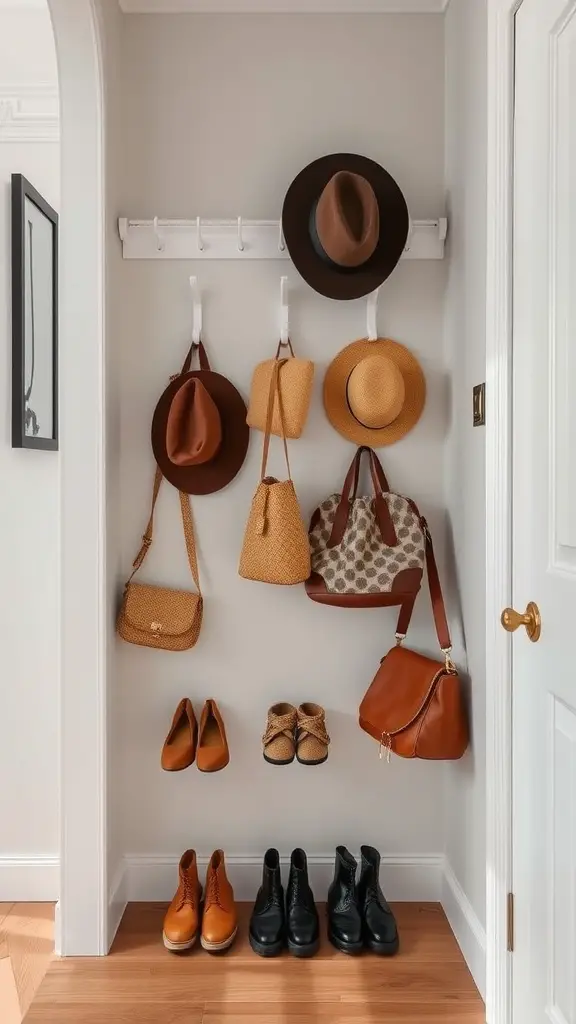 21+Creative DIY Shoe Rack Ideas to Organize Your Space 11 A shoe rack with hooks displaying shoes, hats, and bags in a stylish entryway.