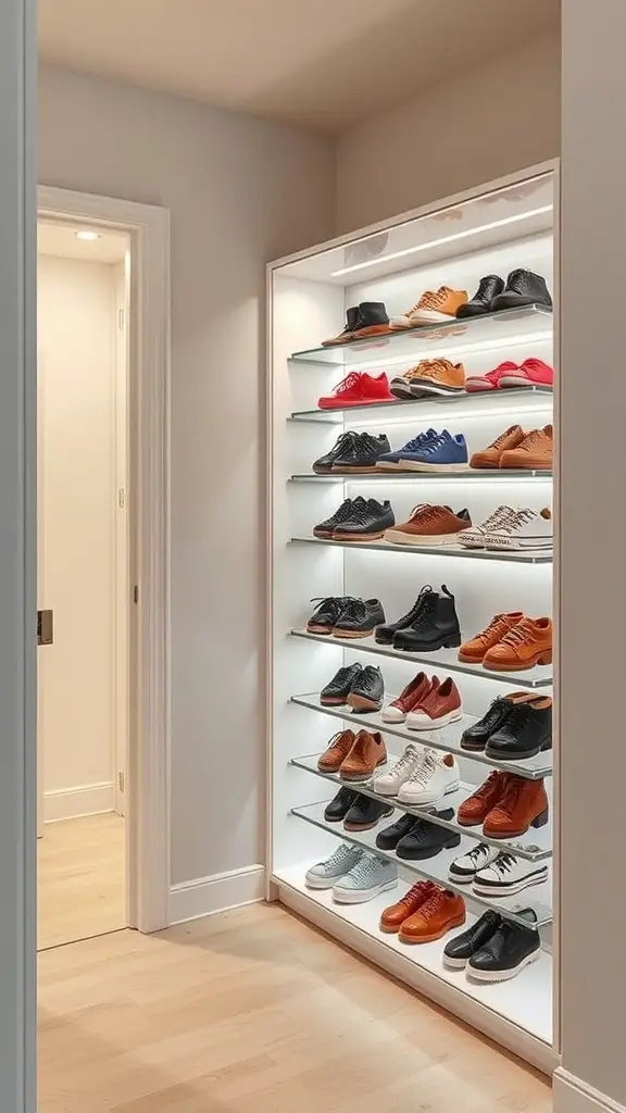 21+Creative DIY Shoe Rack Ideas to Organize Your Space 15 A modern shoe rack with integrated lighting showcasing various pairs of shoes on glass shelves.