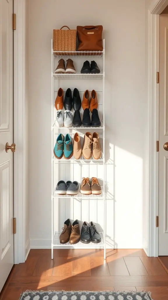 19+ Creative No Closet Solutions for Every Space 13 A white shoe rack with various pairs of shoes organized neatly on multiple shelves.