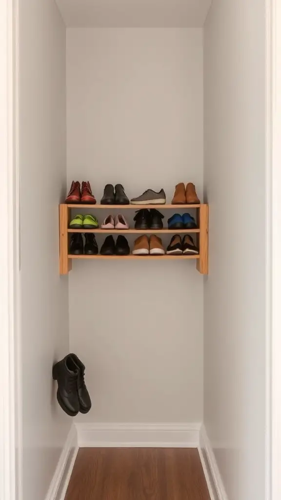 A wooden shoe shelf above baseboards displaying various shoes in a small space.