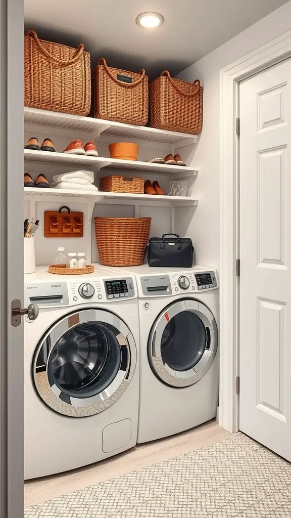 A well-organized laundry room with shelves holding shoes and baskets.