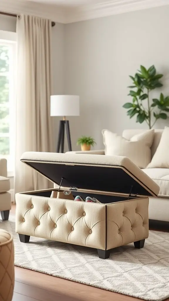 21+Creative DIY Shoe Rack Ideas to Organize Your Space 17 A stylish shoe storage ottoman in a living room setting with a tufted design and open lid revealing shoes inside.