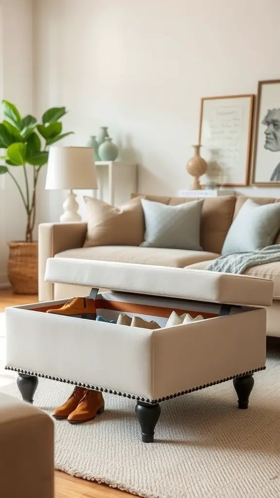 A stylish shoe storage ottoman in a cozy living room, showcasing shoes inside.