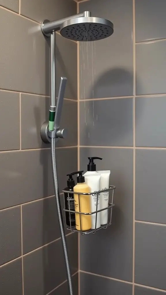 A sleek metal shower caddy mounted on a wall, holding several bottles of shampoo and body wash.