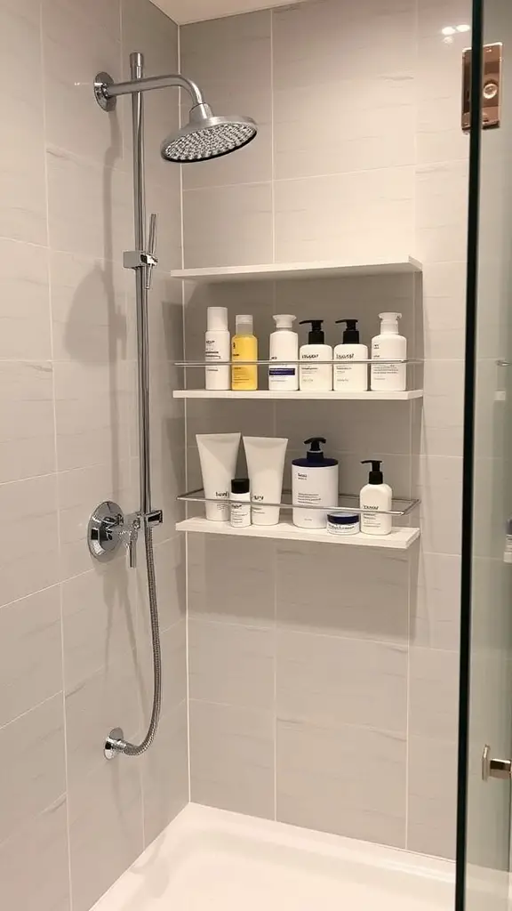 19+Stylish and Functional Shower Caddy Ideas to Organize Your Space 15 A modern shower with a caddy featuring adjustable shelves holding various bottles.