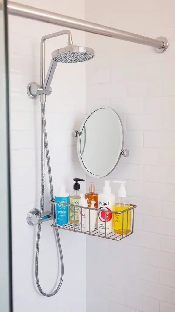 19+Stylish and Functional Shower Caddy Ideas to Organize Your Space 12 Shower caddy with built-in mirror and various bottles in a modern bathroom