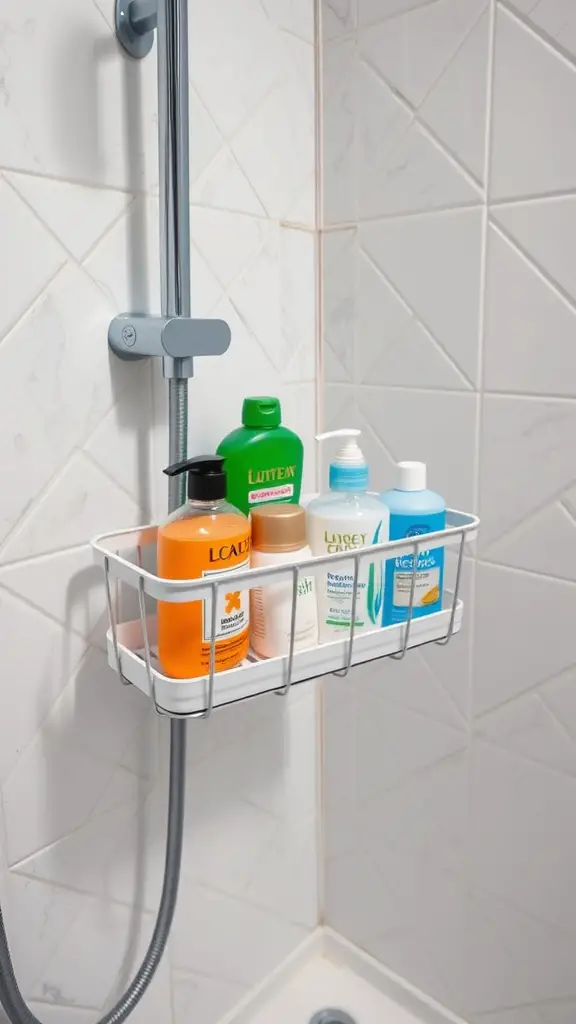 19+Stylish and Functional Shower Caddy Ideas to Organize Your Space 17 A white shower caddy with drainage holes holding various bottles in a shower.