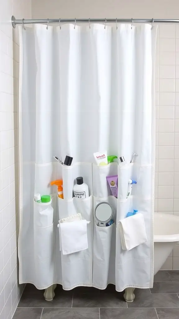 15+ Stylish Shower Storage Ideas to Maximize Space 11 Shower curtain with built-in pockets holding various shower products.