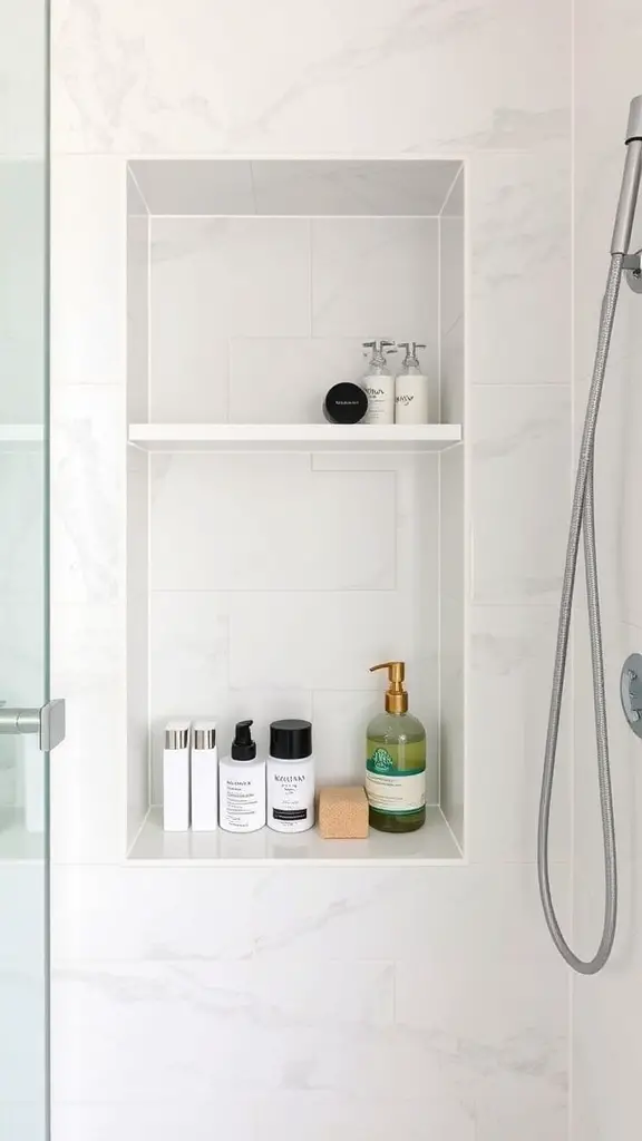 15+ Stylish Shower Storage Ideas to Maximize Space 8 A shower niche with built-in shelves displaying various shower products.