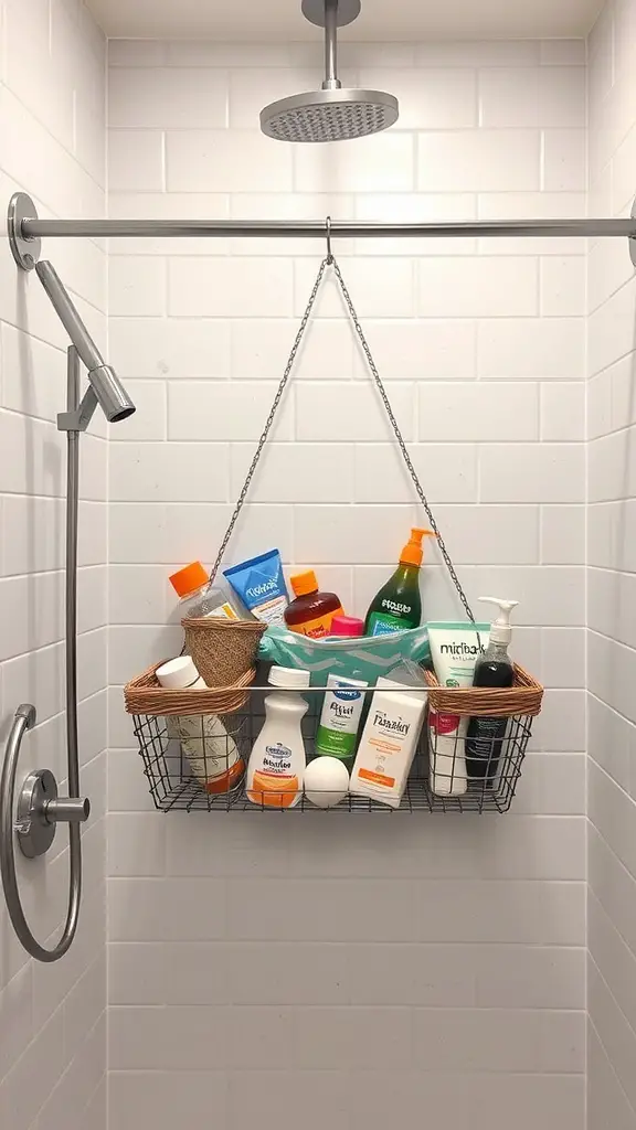 15+ Stylish Shower Storage Ideas to Maximize Space 7 A shower with a tension rod holding a wire basket filled with various shower products.