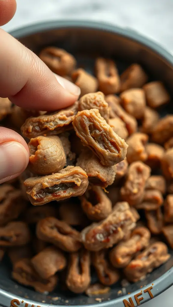 19+Essential Dog Food Storage Solutions You Need 5 A hand picking up a piece of dog food from a bowl, indicating inspection for freshness.