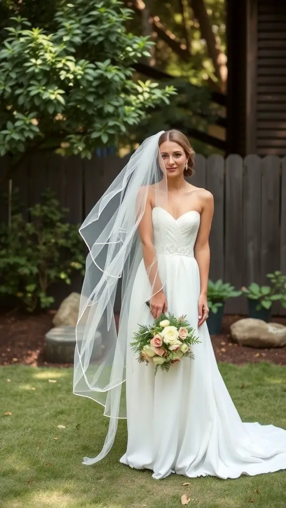21 Creative Ideas for a Stunning Backyard Micro Wedding 13 A bride in a simple white gown with a veil, holding a bouquet of roses in a backyard setting.