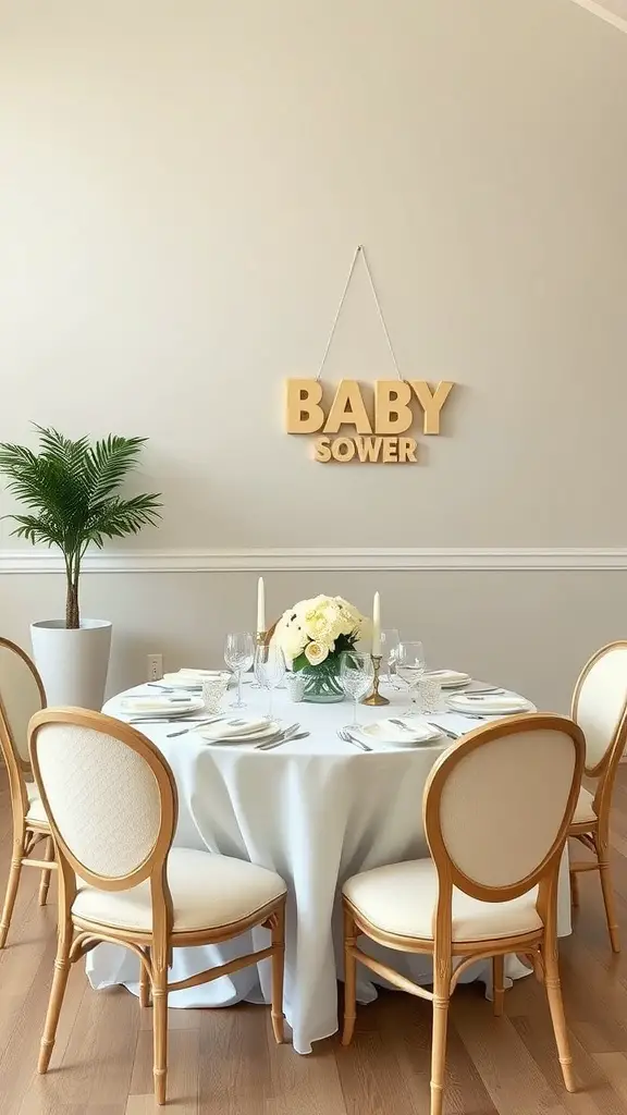17 Creative Dollar Tree Baby Shower Ideas on a Budget 14 A simple yet elegant seating arrangement for a baby shower, featuring a round table with a white tablecloth, floral centerpiece, and a sign that says 'BABY SOWER.'