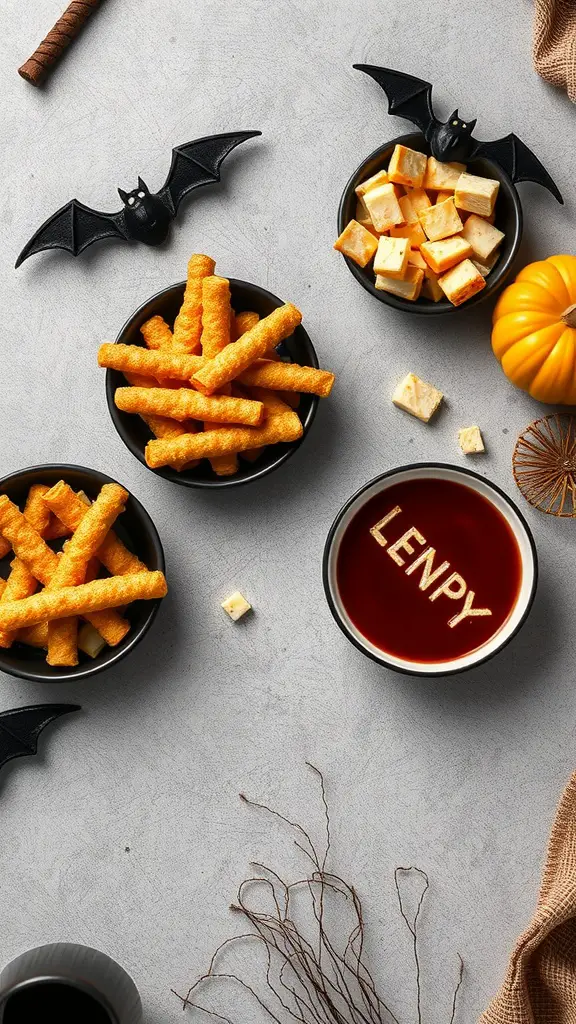 A Halloween-themed snack spread with crispy snacks, cheese cubes, and a spooky drink.