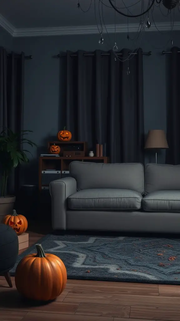 A cozy living room decorated for Halloween with pumpkins and dark curtains.