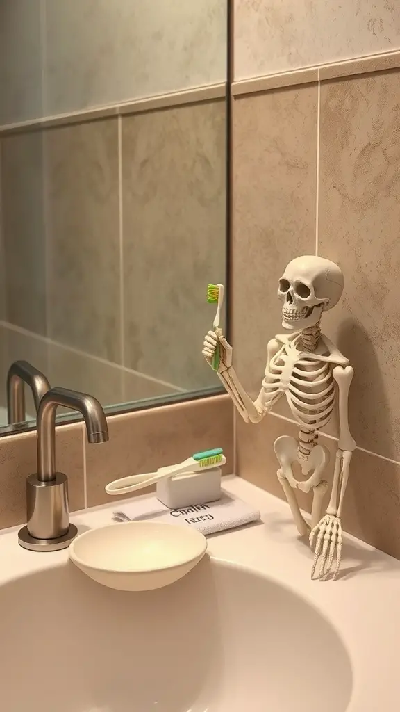 29 Spook-tacular Halloween Bathroom Decor Ideas 7 A skeleton holding a toothbrush next to a sink in a bathroom setting.