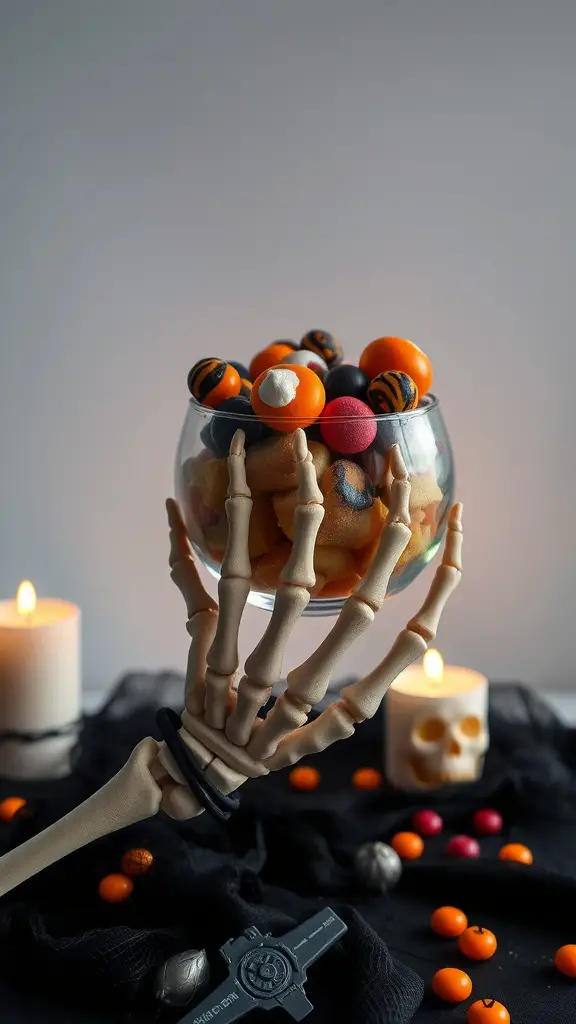 A skeleton hand holding a bowl of colorful candies with candles and a skull in the background.