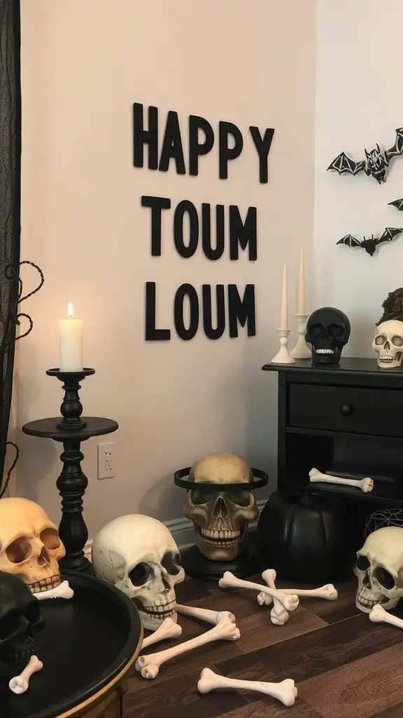 A Halloween-themed bedroom with skull and bone decorations, including various skulls and a pumpkin.