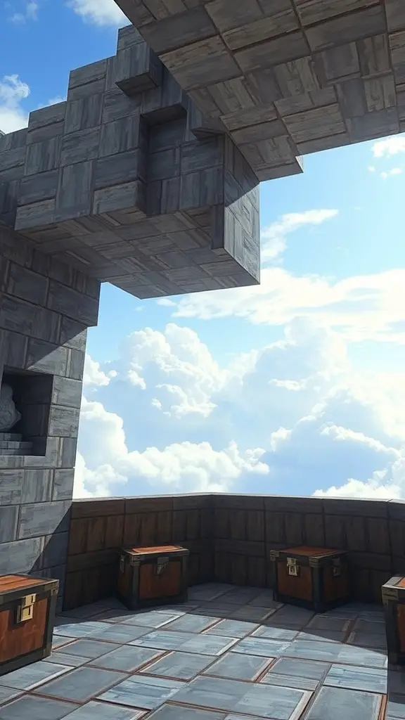 19 Creative Minecraft Storage Room Ideas You Need to Try 11 A sky base storage room in Minecraft with wooden chests and a view of the clouds.
