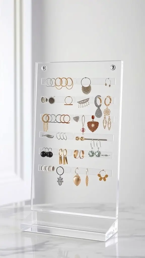 A sleek acrylic jewelry organizer displaying various earrings and rings.