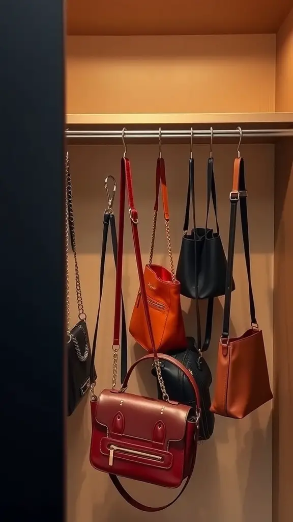 A stylish closet with various purses hanging on a rod, showcasing different colors and styles.