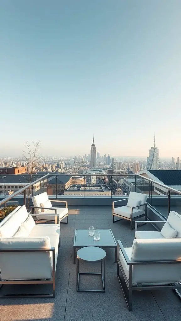 27 Stunning Rooftop Patio Designs for Your Outdoor Oasis 8 A sleek rooftop patio with modern furniture, featuring white cushions and a glass table, overlooking a city skyline.