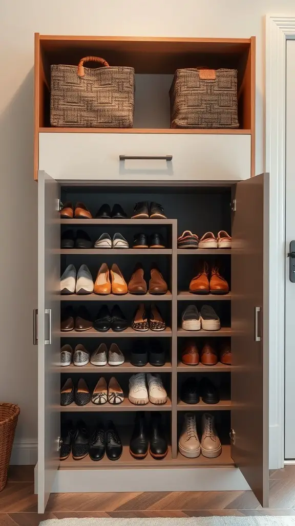 A sleek shoe cabinet with multiple shelves filled with various types of shoes, topped with woven baskets for additional storage.
