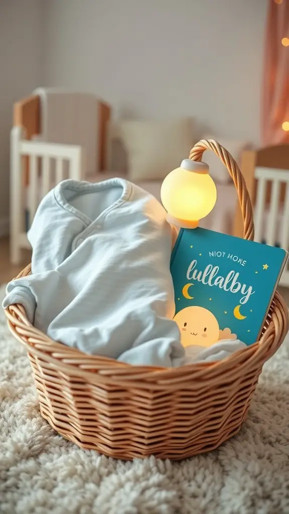 21 Thoughtful Baby Shower Basket Gift Ideas 4 A cozy baby gift basket with a soft blanket, a baby outfit, a lullaby book, and a gentle nightlight.