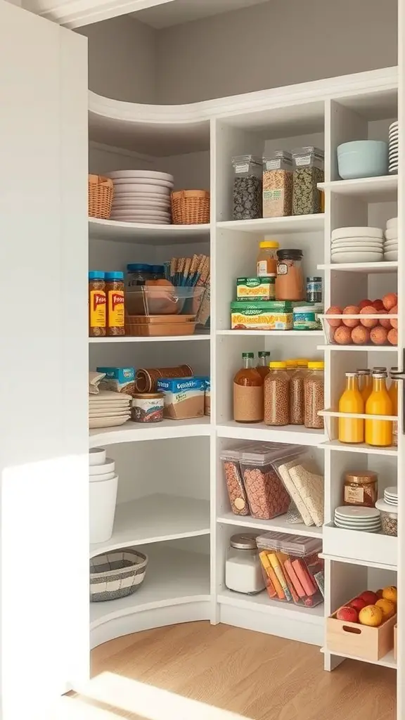 41+Inspiring Pantry Shelving Ideas to Maximize Your Space 4 A well-organized pantry featuring sliding shelves with various food items and containers.