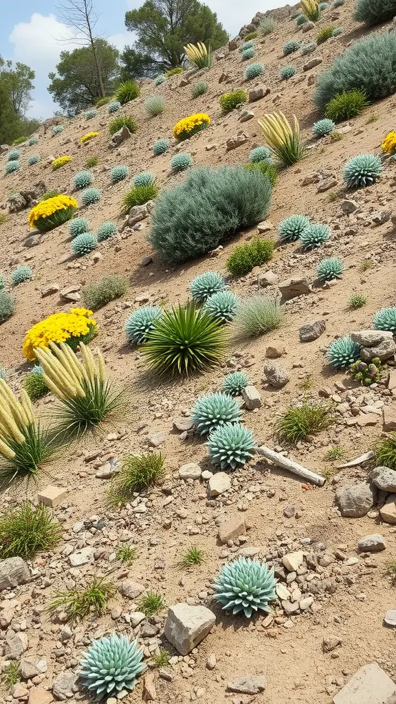19 Creative Steep Hill Landscaping Ideas to Transform Your Yard 8 A steep hillside planted with various drought-resistant plants, including succulents and yellow flowers, surrounded by rocks.