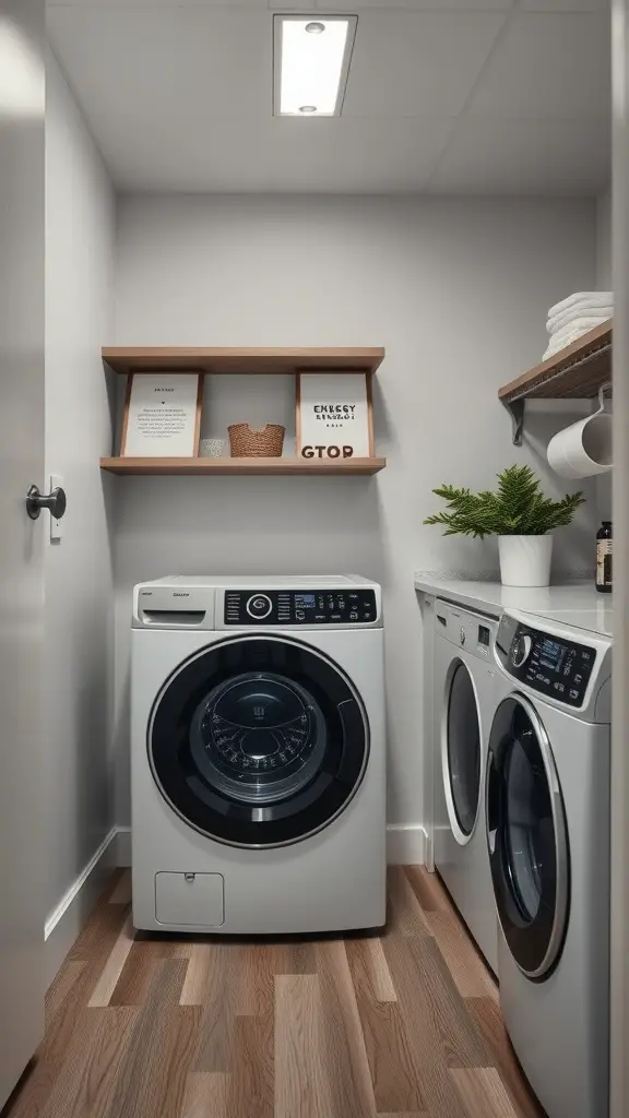 A modern laundry room featuring a washing machine and dryer, with organized shelves and smart technology.