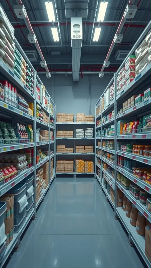 15+ Essential Food Storage Room Ideas for Your Home 14 A well-organized food storage room with shelves filled with various food products.