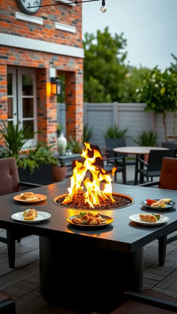 A modern smokeless fire pit table with food plates around it, set in an outdoor dining area.