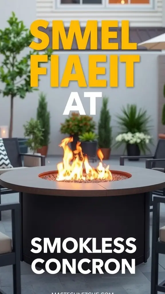 A modern smokeless fire pit with adjustable flame control, surrounded by seating and decorative plants.