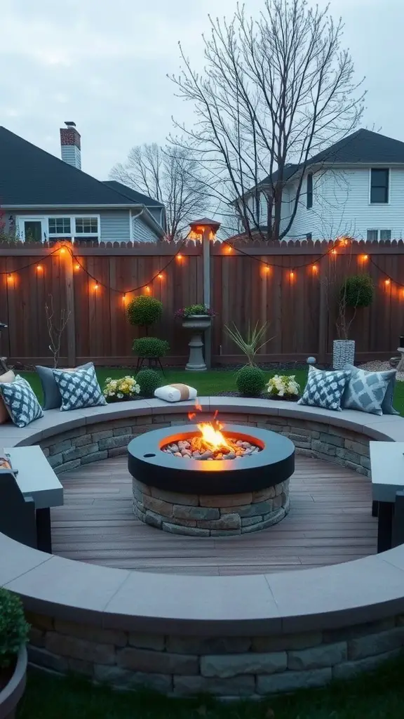 A cozy smokeless fire pit surrounded by built-in seating, decorated with cushions and plants.