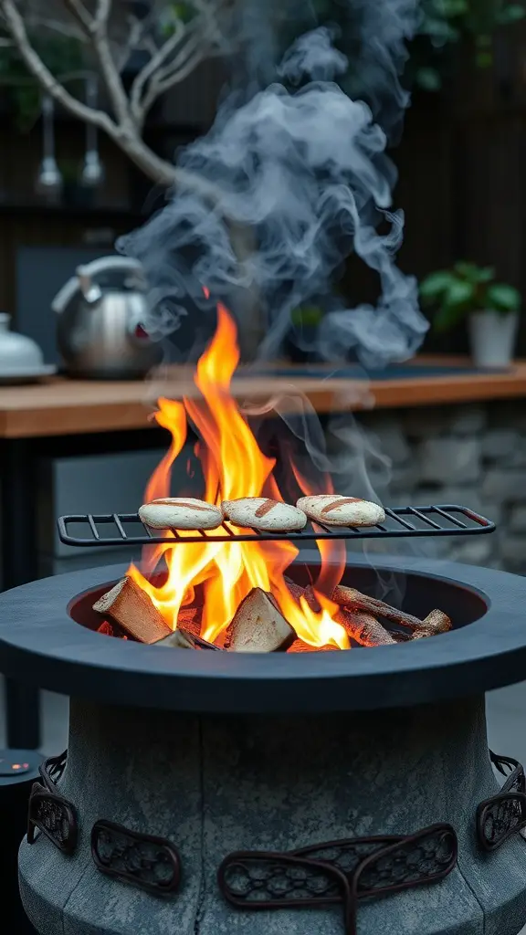 A smokeless fire pit with a grill attachment, featuring flames and food cooking on the grill.