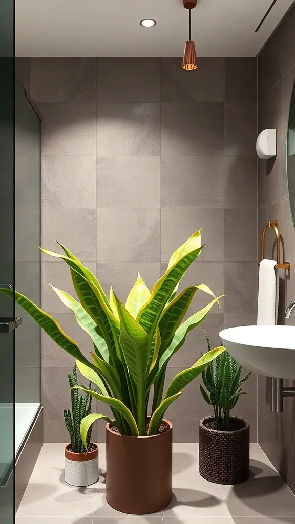 21 Stunning Bathroom Plants for a Fresh and Lively Space 7 A modern bathroom featuring a large snake plant in a brown pot, surrounded by smaller plants in decorative pots.