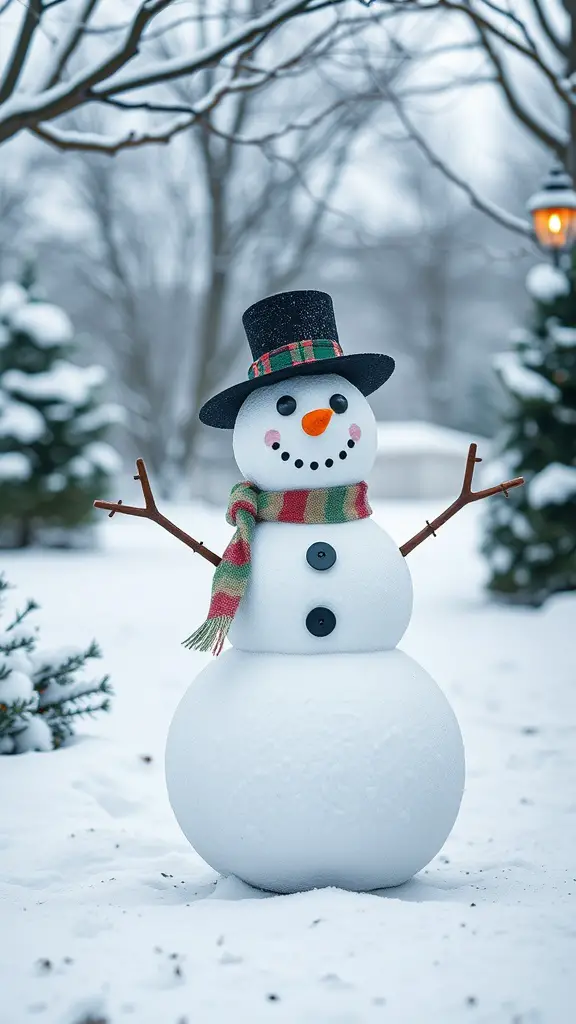 15 Creative Dollar Tree Christmas Decor Ideas for a Festive Home 8 A cheerful snowman decoration with a black hat, colorful scarf, and twig arms, standing in a snowy landscape.